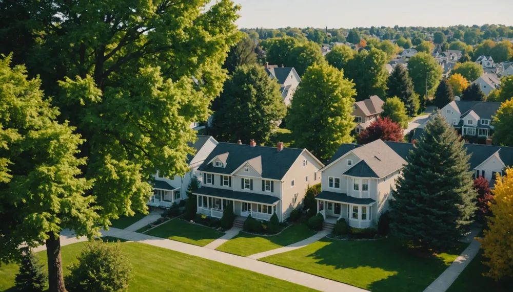 A serene landscape of a suburban neighborhood with trees and houses
