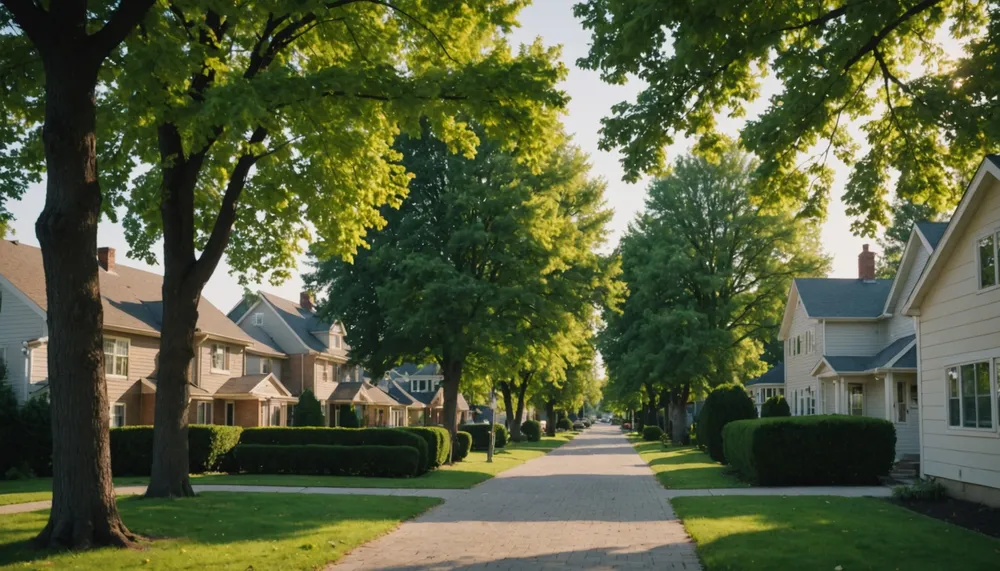A serene landscape of a suburban neighborhood with trees and houses, conveying a sense of peace and stability