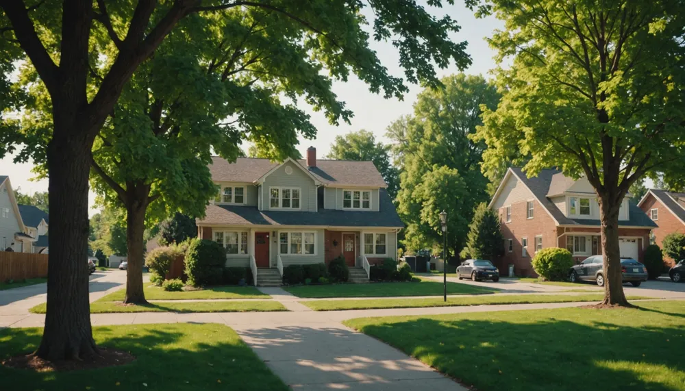 A serene landscape of a suburban neighborhood with trees and houses, conveying a sense of tranquility and stability