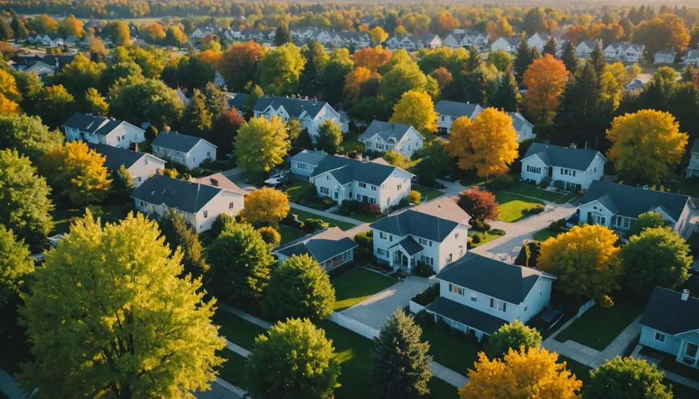 A serene landscape of a suburban neighborhood with trees and houses